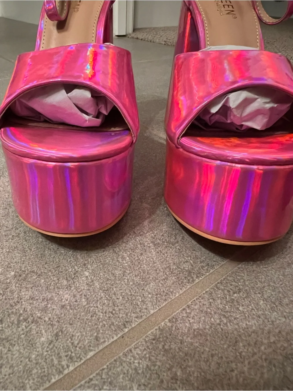 New Holographic Pink Patent Leather Platform Chunky Heels - Iridescent Metallic